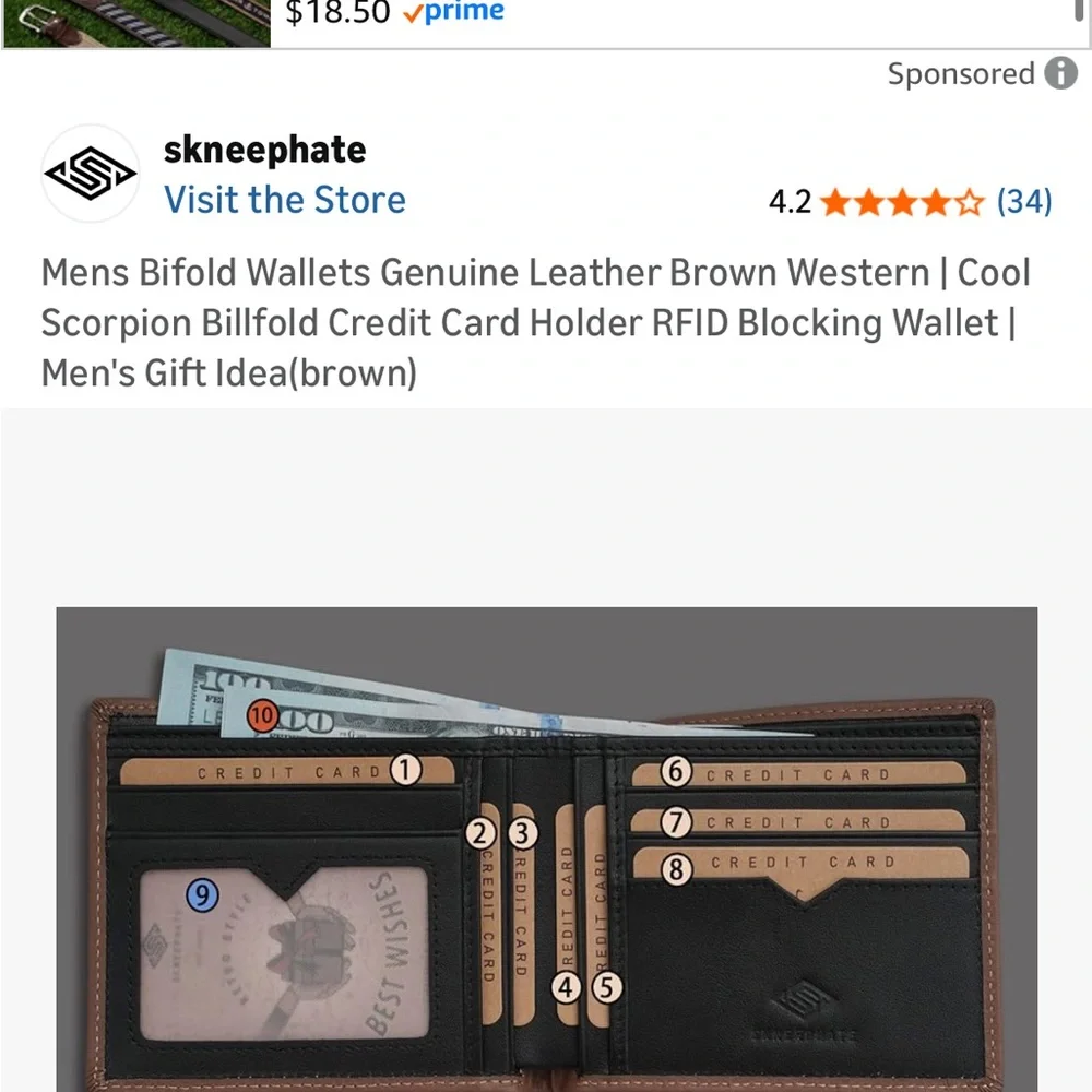 NEW $33 skneephate 100% Genuine Leather Men's Bifold Scorpion Wallet in 'coffee'